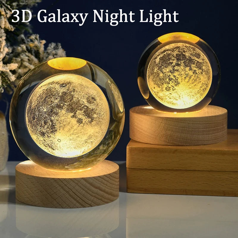 Crystal Ball LED Glowing Warm Color Saturn Galaxy 3D Engraving Desktop Lamp USB Bedroom Atmosphere Small Birthday Children Gift