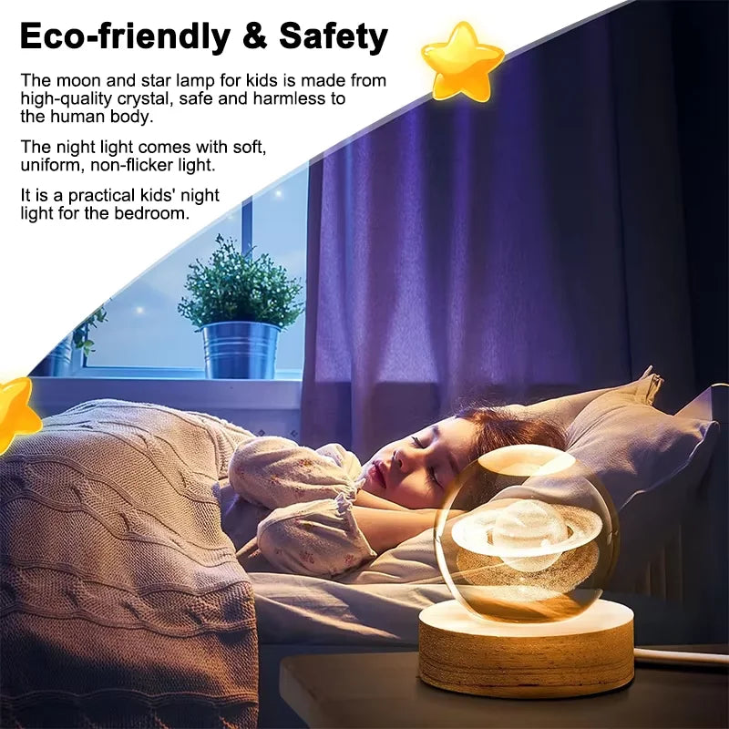 Crystal Ball LED Glowing Warm Color Saturn Galaxy 3D Engraving Desktop Lamp USB Bedroom Atmosphere Small Birthday Children Gift